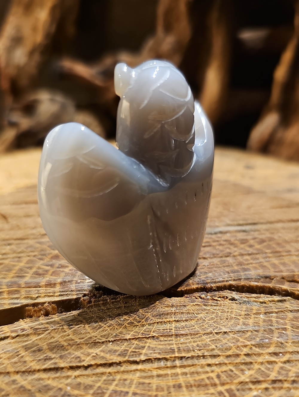 Carved Agate Owl Figurine - Gray and Cream Druzy Center - Picture 4 of 9